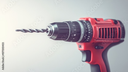 Electric drill with drill bit attached, isolated on a clean white background, ideal for construction themes