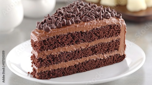 A slice of chocolate cake with chocolate chips on top, on a white plate.