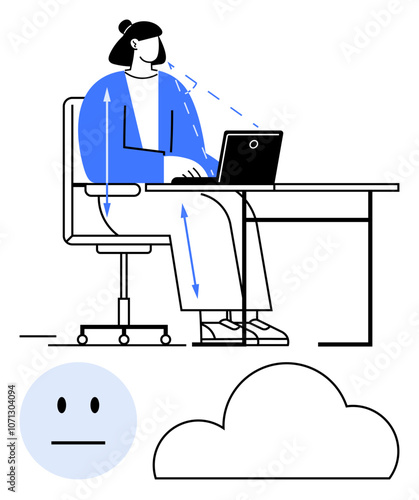 Person working on laptop with ergonomic chair, highlighting correct posture. Cloud and neutral face icons below. Ideal for workplace health, productivity, remote work, tech solutions, cloud