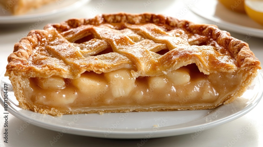 A slice of homemade apple pie with a lattice crust. A slice of homemade apple pie with a lattice crust.