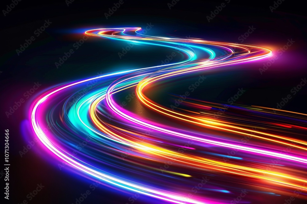 Motion light lines in neon colors on a black backdrop, designed for futuristic banners, postcards, and illustrations