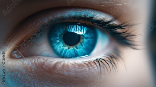 Close up of a blue eye with long eyelashes.