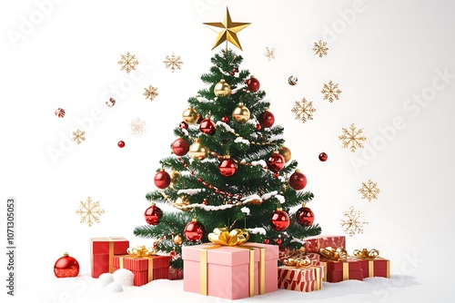 Christmas tree with garlands and gifts. Green coniferous tree. Gifts under the tree. Suitable for the New Year theme.