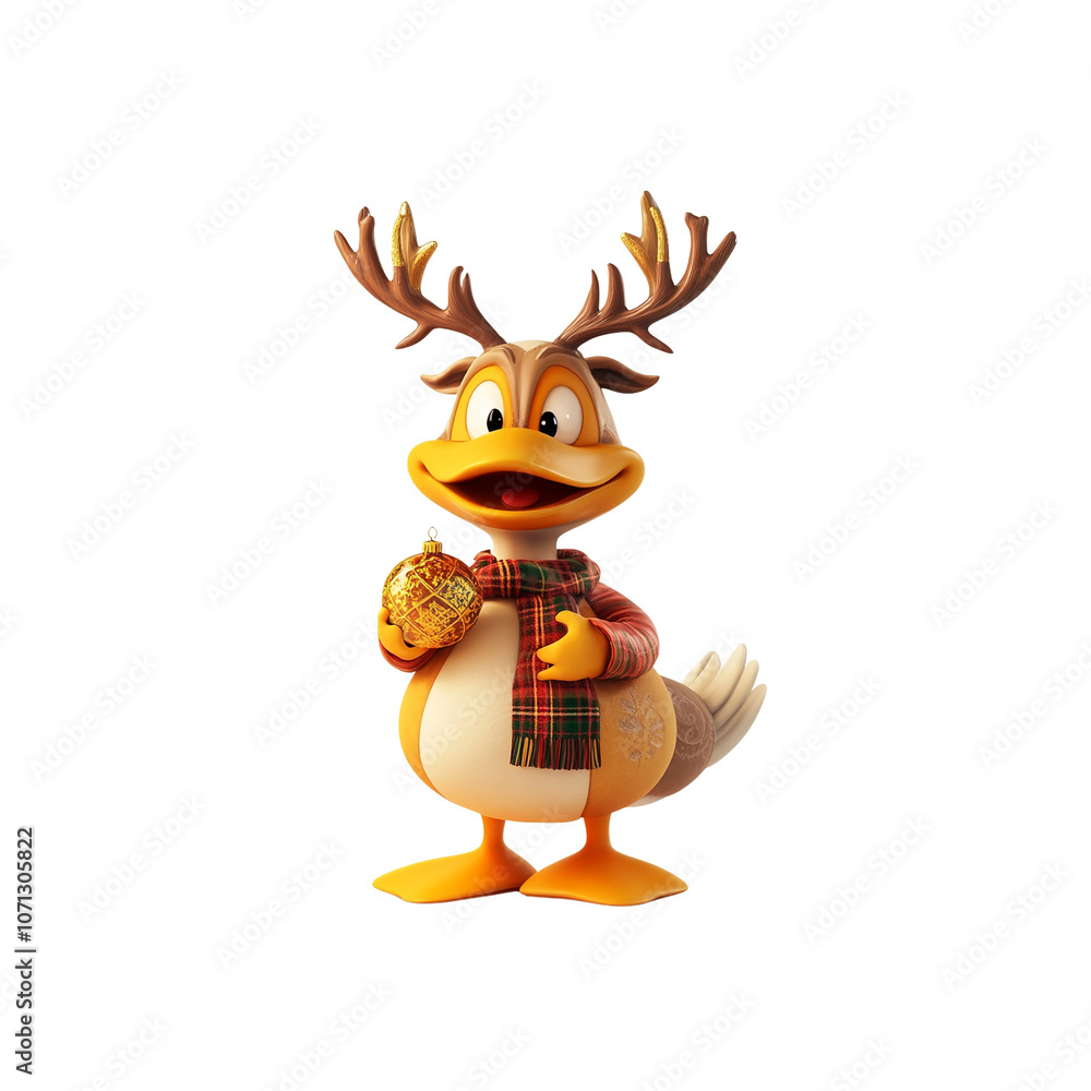 Cute Cartoon Duck Dressed as a Reindeer Holding a Christmas Ornament Cute Cartoon Duck Dressed as a Reindeer Holding a Christmas Ornament