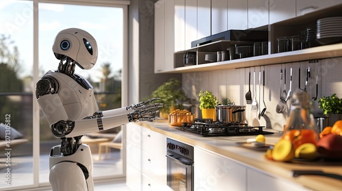 A smart robot assisting in a high-tech kitchen, highlighting AI and automation's role in future households.