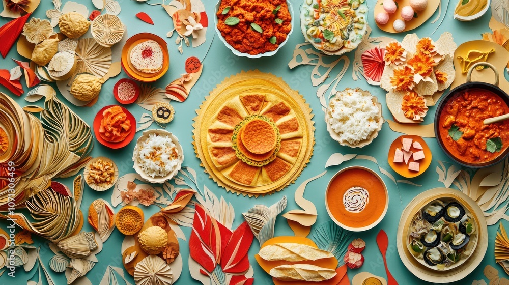 Detailed cut-paper background highlighting a variety of Indian dishes like masala dosa, curry, and raita, crafted from textured paper for a distinctive and artistic representation. Detailed cut-paper background highlighting a variety of Indian dishes like masala dosa, curry, and raita, crafted from textured paper for a distinctive and artistic representation.