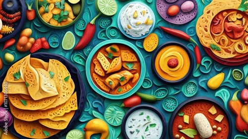 Detailed cut-paper background highlighting a variety of Indian dishes like masala dosa, curry, and raita, crafted from textured paper for a distinctive and artistic representation. photo