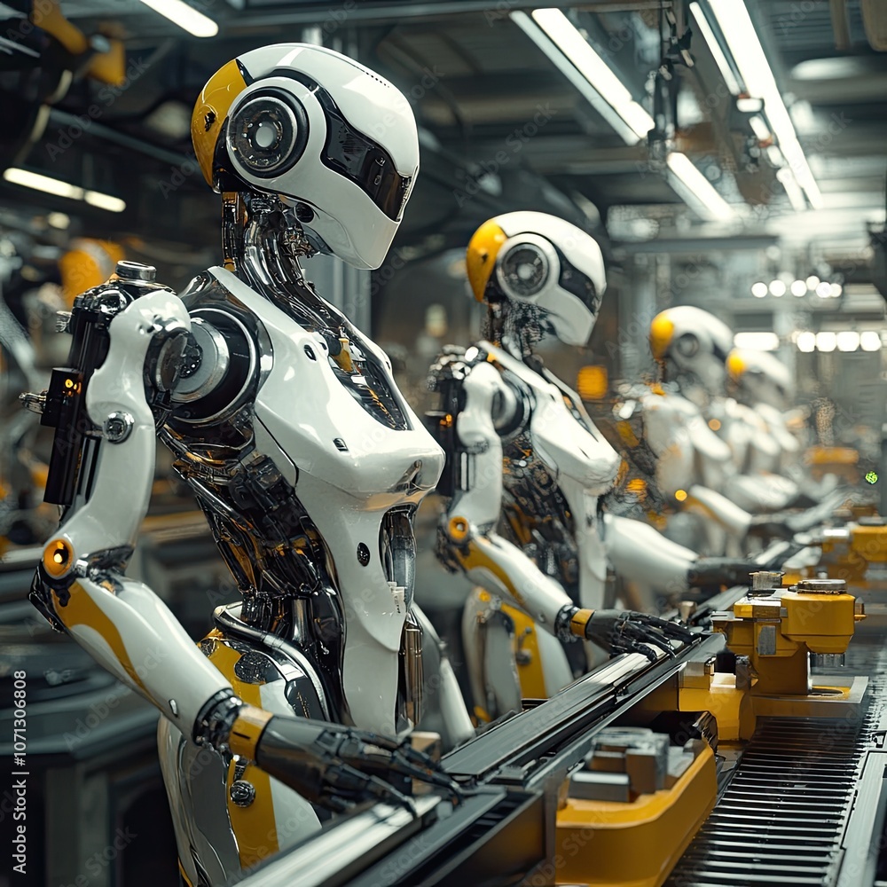 Fototapeta premium Robots working alongside human engineers in a high-tech factory, demonstrating AI-powered