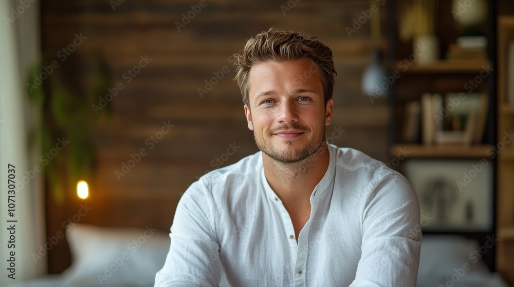 Fototapeta premium Confident Young Man Smiling in a Cozy Modern Bedroom Setting