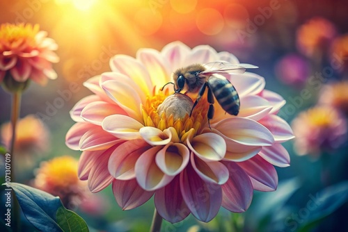 Vintage Style Photography of a Great Banded Furrowbee Pollinating a Vibrant Dahlia Blossom in a Beautiful Garden Setting, Showcasing Nature's Intricate Details and Colors photo