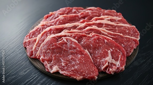 Top View of Fresh Raw Meat Slices on a Round Wooden Desk, Featuring Dark Background for Meat Preparation, Kitchen, and Culinary Freshness