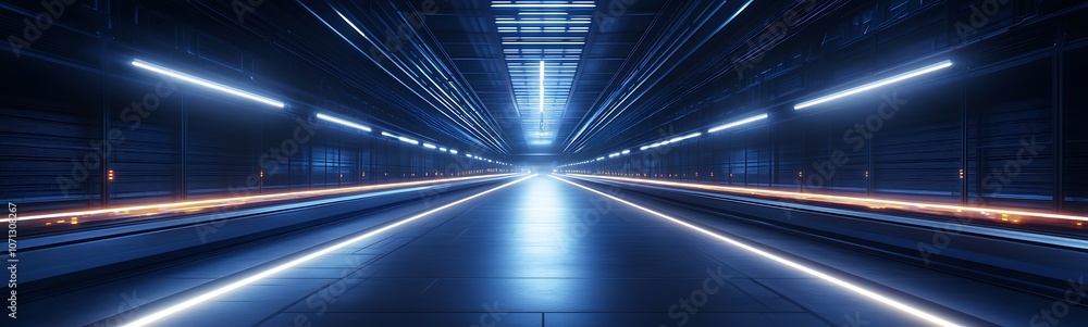 A futuristic corridor with sleek lighting effects, creating a high-tech ambiance, leading towards a bright focal point. A futuristic corridor with sleek lighting effects, creating a high-tech ambiance, leading towards a bright focal point.