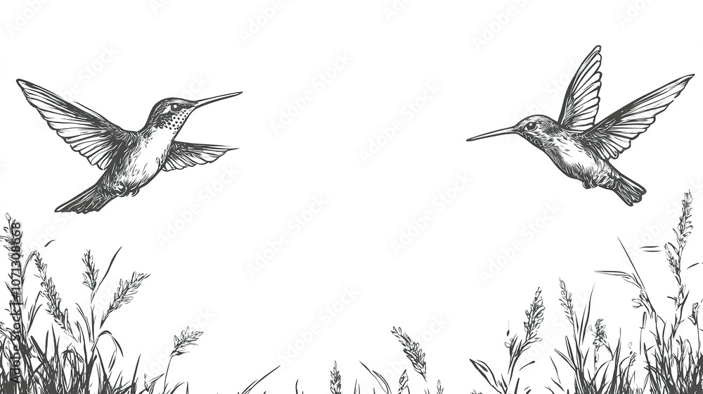 Two Hummingbirds Flying in the Air on a White Background, Scratch Board Hand-Drawn Style for Vintage and Natural Aesthetic Two Hummingbirds Flying in the Air on a White Background, Scratch Board Hand-Drawn Style for Vintage and Natural Aesthetic