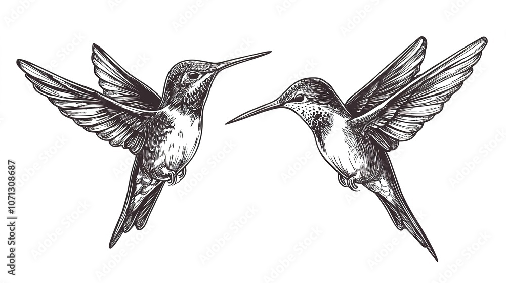 Fototapeta premium Two Hummingbirds Flying in the Air on a White Background, Scratch Board Hand-Drawn Style for Vintage and Natural Aesthetic