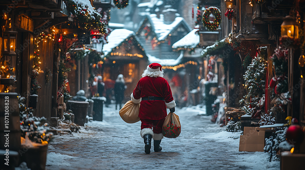 Naklejka premium A man dressed as Santa walks down a snowy street
