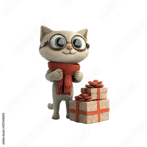 Cute Cat with Glasses and a Red Scarf Standing Next to Gifts photo