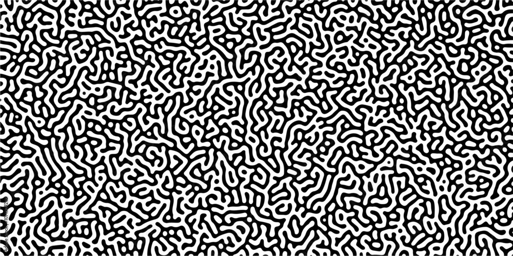 Fototapeta premium Abstract truing organic wallpaper Turing reaction diffusion monochrome seamless pattern with chaotic motion. Generative algorithm psychedelic background. Reaction-diffusion or truing pattern formation