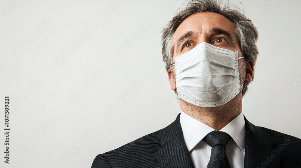Businessman Wearing Surgical Mask in Minimalist Style Businessman Wearing Surgical Mask in Minimalist Style