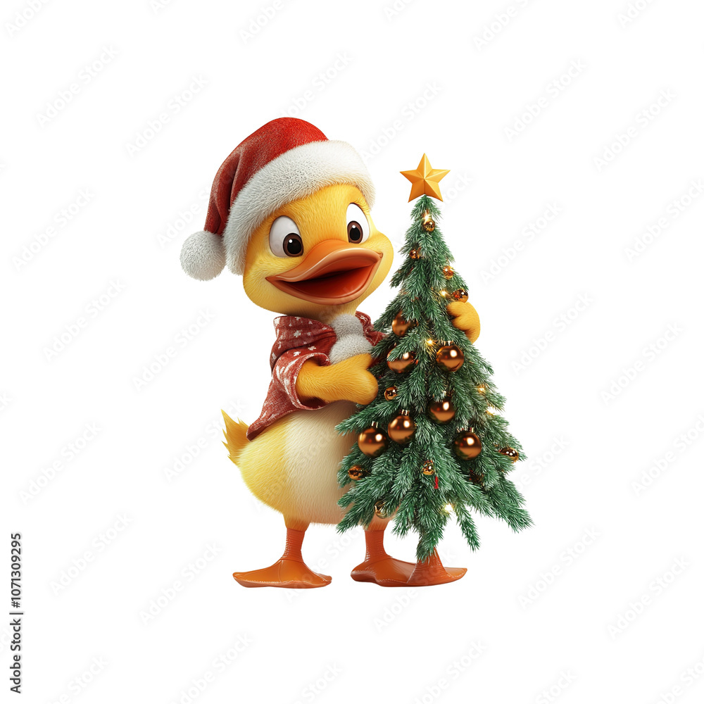 Cute Duckling in Santa Hat Holding Christmas Tree Cute Duckling in Santa Hat Holding Christmas Tree
