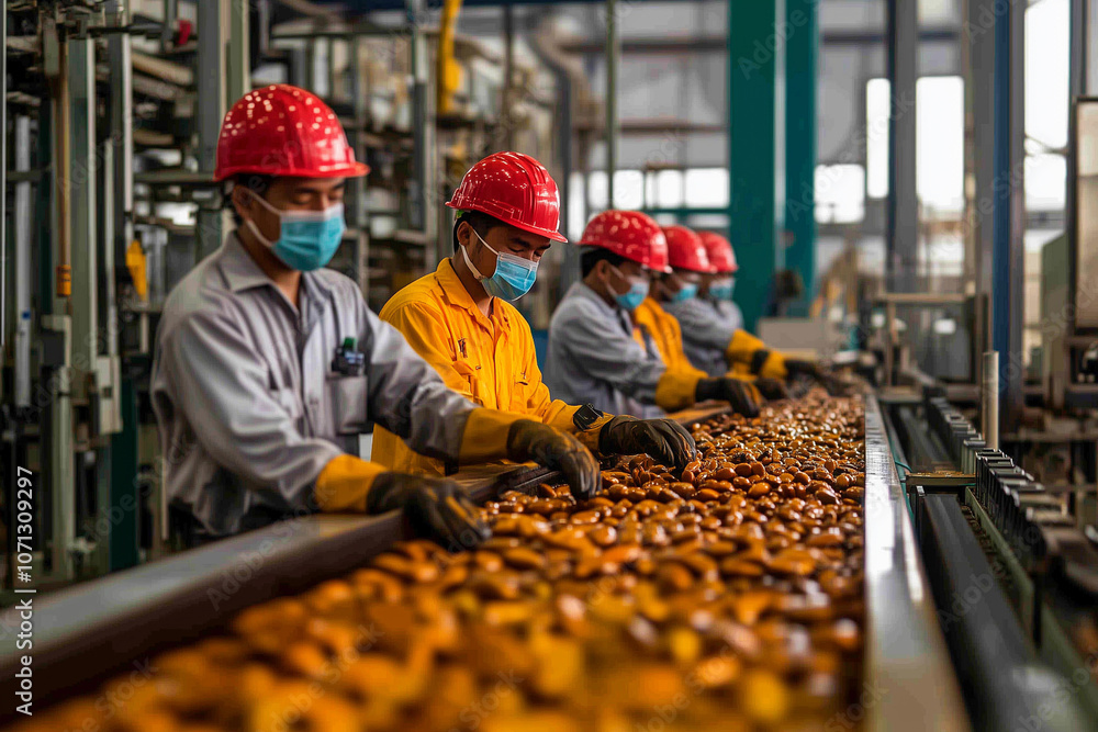 Palm oil mill workers check the production line Palm oil mill workers check the production line