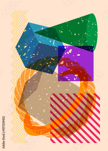 Colorful geometric shapes. Object in trendy riso graph design. Geometry elements abstract risograph print texture style.