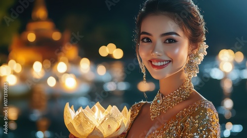 A beautiful Thai woman in Loy Krathong festival scene. photo