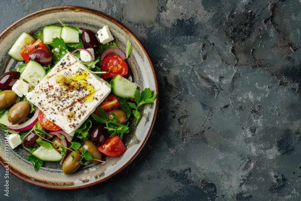 A traditional Greek salad with feta cheese and olives, copy space for text A traditional Greek salad with feta cheese and olives, copy space for text