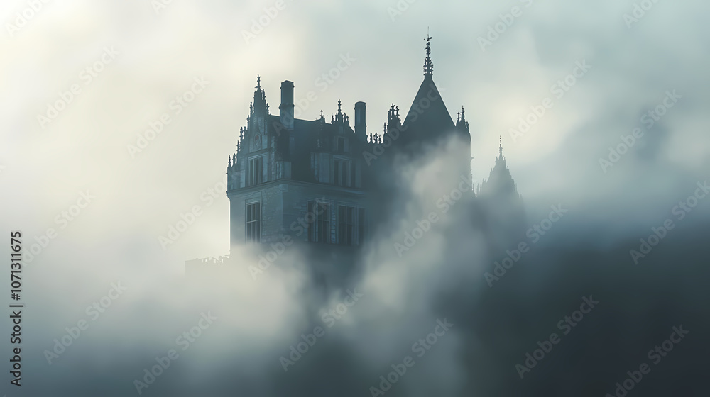 Gothic castle shrouded in dense fog. Gothic. Illustration Gothic castle shrouded in dense fog. Gothic. Illustration