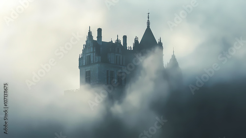 Gothic castle shrouded in dense fog. Gothic. Illustration