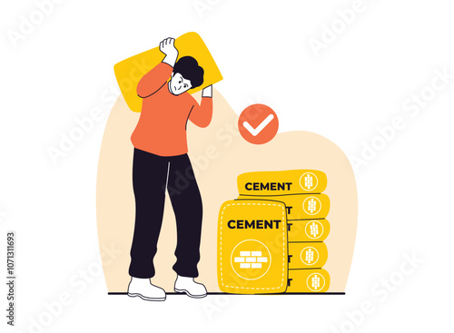 A determined worker carries a heavy bag of cement, ready to build something strong.