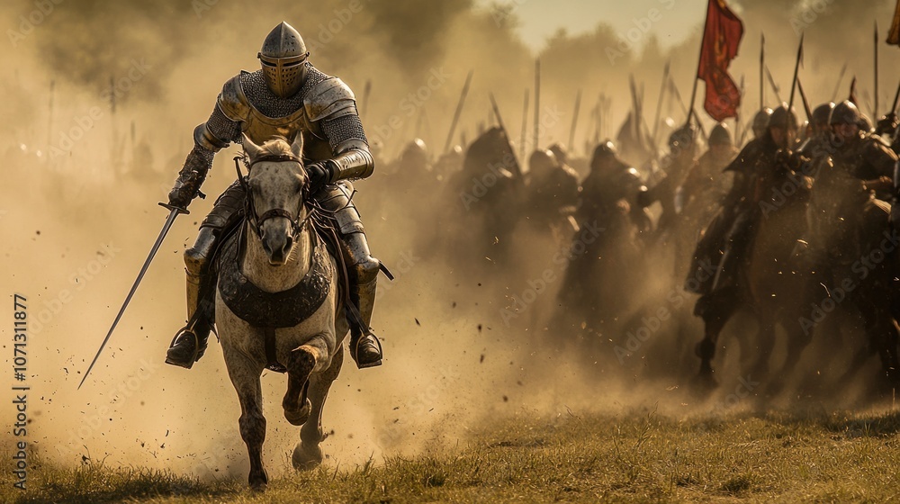 A knight charges into battle, leading a group of soldiers in a dusty landscape. A knight charges into battle, leading a group of soldiers in a dusty landscape.