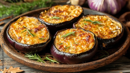 Golden Eggplant Rounds on Rustic Countertop