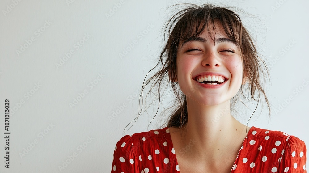 Joyful Young Woman with Bright Smile and Polka Dot Dress Joyful Young Woman with Bright Smile and Polka Dot Dress