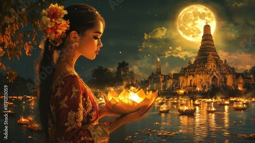 A beautiful Thai woman in Loy Krathong festival scene. photo