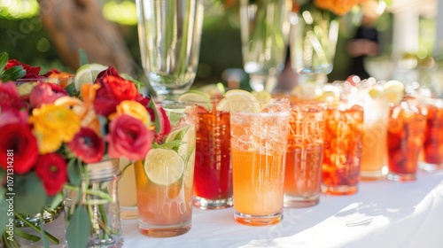 A variety of mocktail recipes displayed on a table giving guests the option to create their own custom nonalcoholic drink. photo