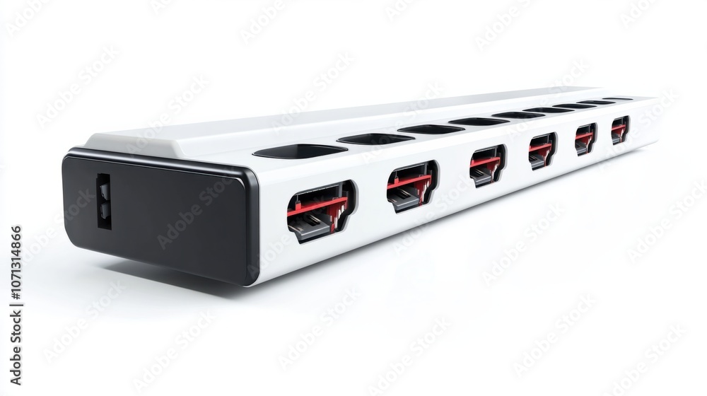 Surge protector power strip with multiple outlets, isolated on white, symbolizing equipment safety Surge protector power strip with multiple outlets, isolated on white, symbolizing equipment safety