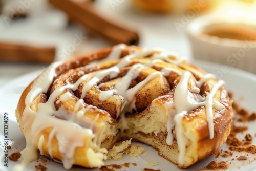 A warm cinnamon roll drizzled with creamy icing, with a bite taken out to reveal the gooey center