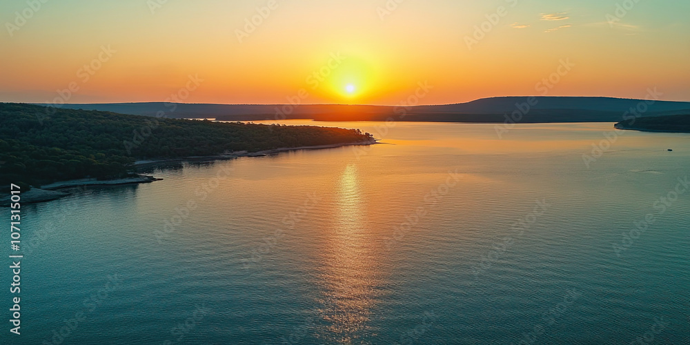 Fototapeta premium Aerial drone photograph beautiful sunset horizon, seascape ocean scene, epic background landscape photo, bird's eye view