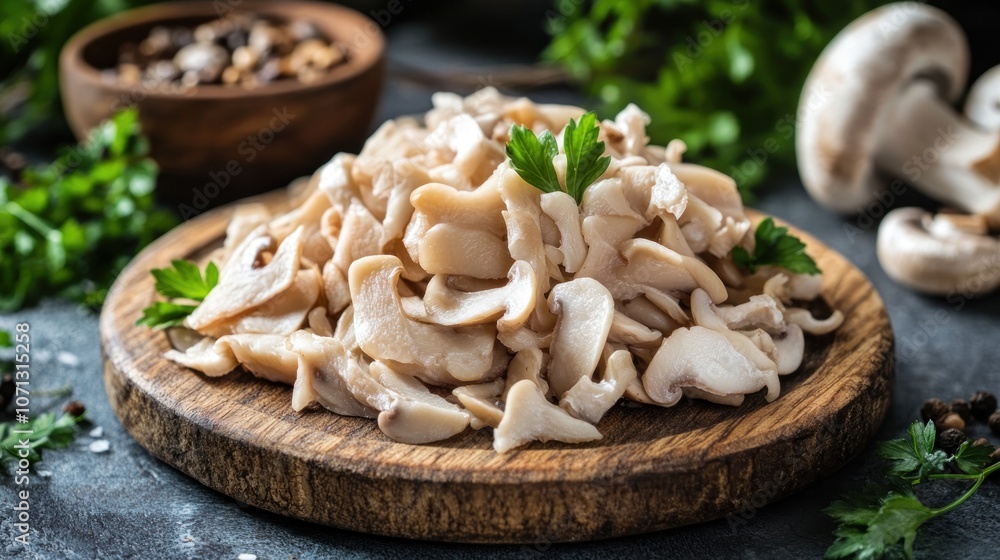 A pile of sliced mushrooms garnished with parsley on a wooden board. A pile of sliced mushrooms garnished with parsley on a wooden board.