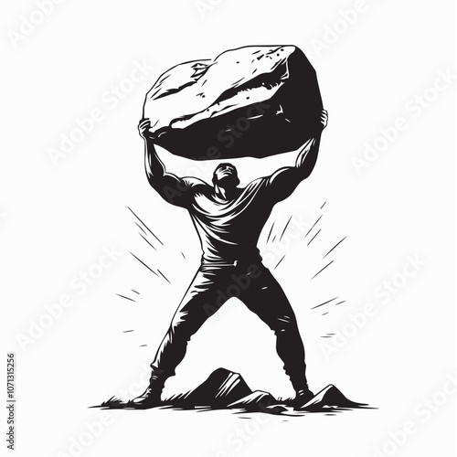 Silhouette Strong Man Holding Huge Stone image vector isolated on white background.