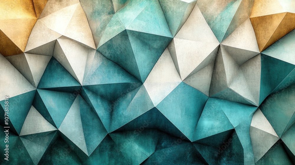 Fototapeta premium Abstract geometric background with blue, white, and gold triangles.