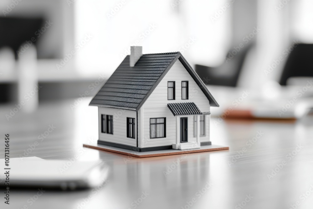 A detailed model of a house sits on a table, showcasing its features in a professional setting, symbolizing real estate or home ownership. A detailed model of a house sits on a table, showcasing its features in a professional setting, symbolizing real estate or home ownership.
