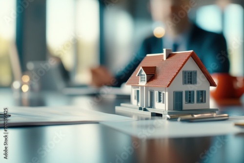 A miniature house model is placed on a table, with a blurred figure in the background, suggesting a business meeting related to real estate discussions. photo