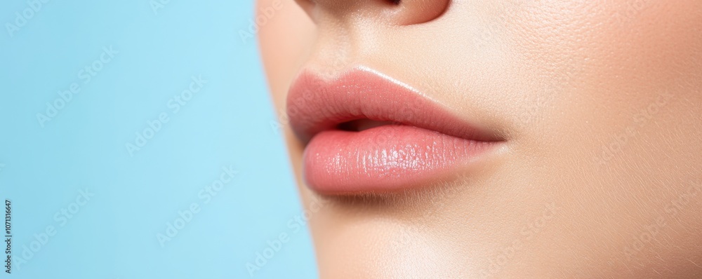 Obraz premium Close-up of a woman's lips against a soft blue background, showcasing smooth skin and subtle lip color, emphasizing beauty and elegance.