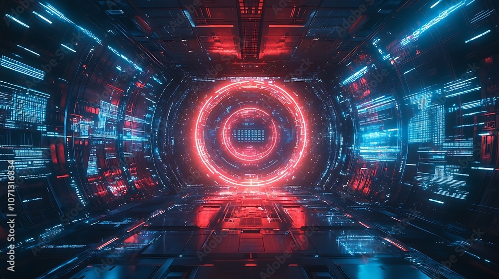 Explore the futuristic design of a neon cyber corridor Explore the futuristic design of a neon cyber corridor