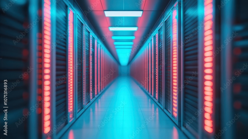 A futuristic server room with glowing lights, showcasing rows of servers along a corridor. A futuristic server room with glowing lights, showcasing rows of servers along a corridor.