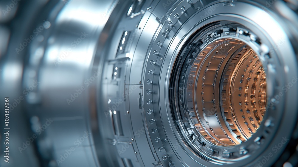A close-up of a metallic turbine or engine component, showcasing intricate details of its design and materials. A close-up of a metallic turbine or engine component, showcasing intricate details of its design and materials.