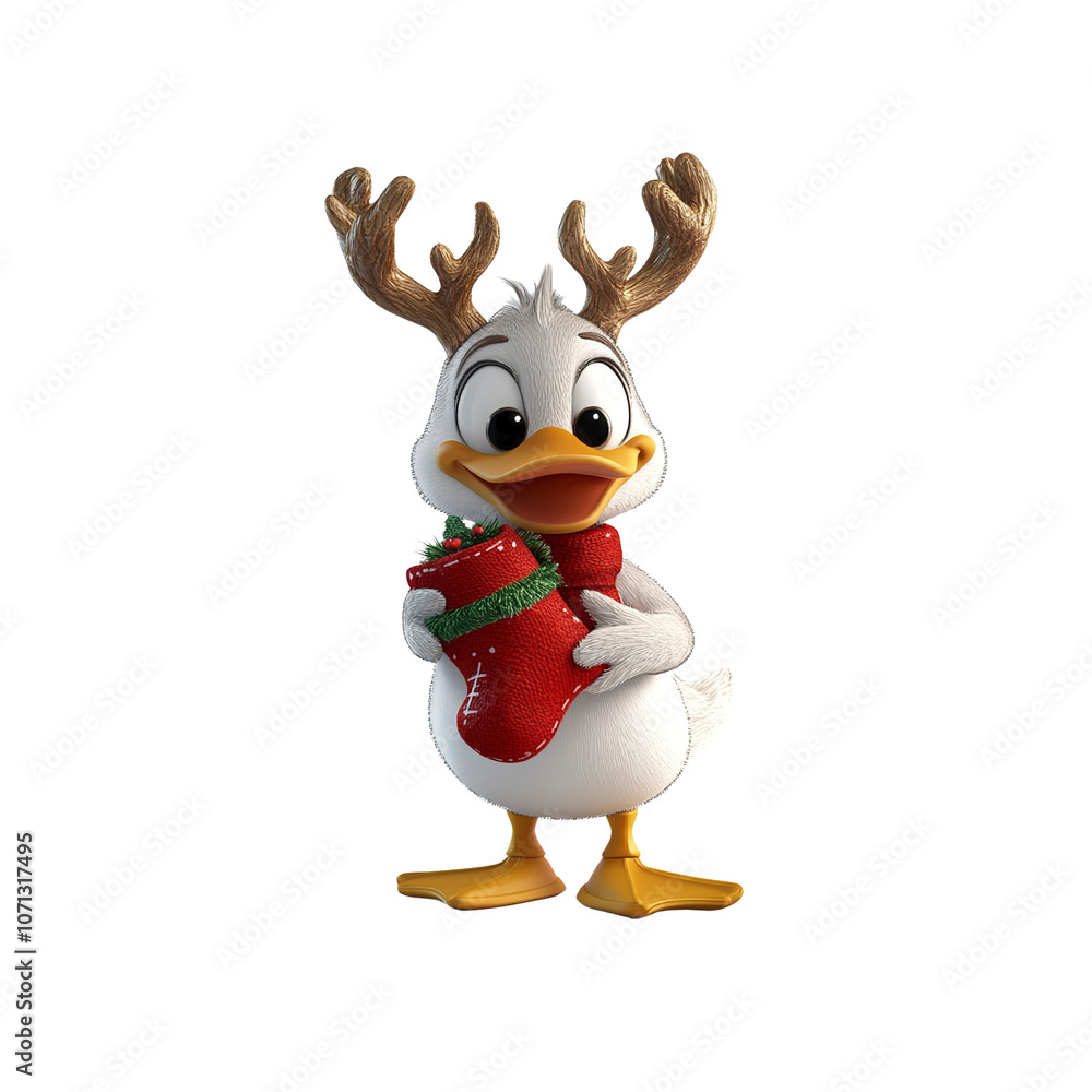 Adorable Duck with Reindeer Antlers Holding a Christmas Stocking Adorable Duck with Reindeer Antlers Holding a Christmas Stocking