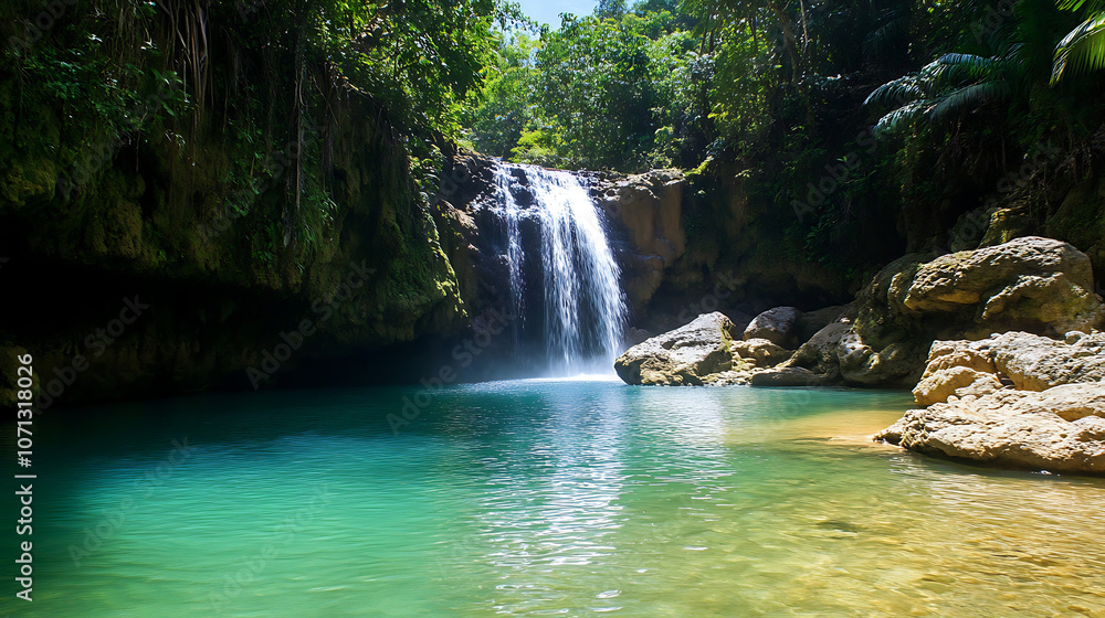 A picturesque waterfall cascading into a crystal-clear pool, surrounded by lush greenery, perfect for swimming A picturesque waterfall cascading into a crystal-clear pool, surrounded by lush greenery, perfect for swimming