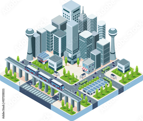 Isometric Metropolis Transportation System with Elevated Rail Transport